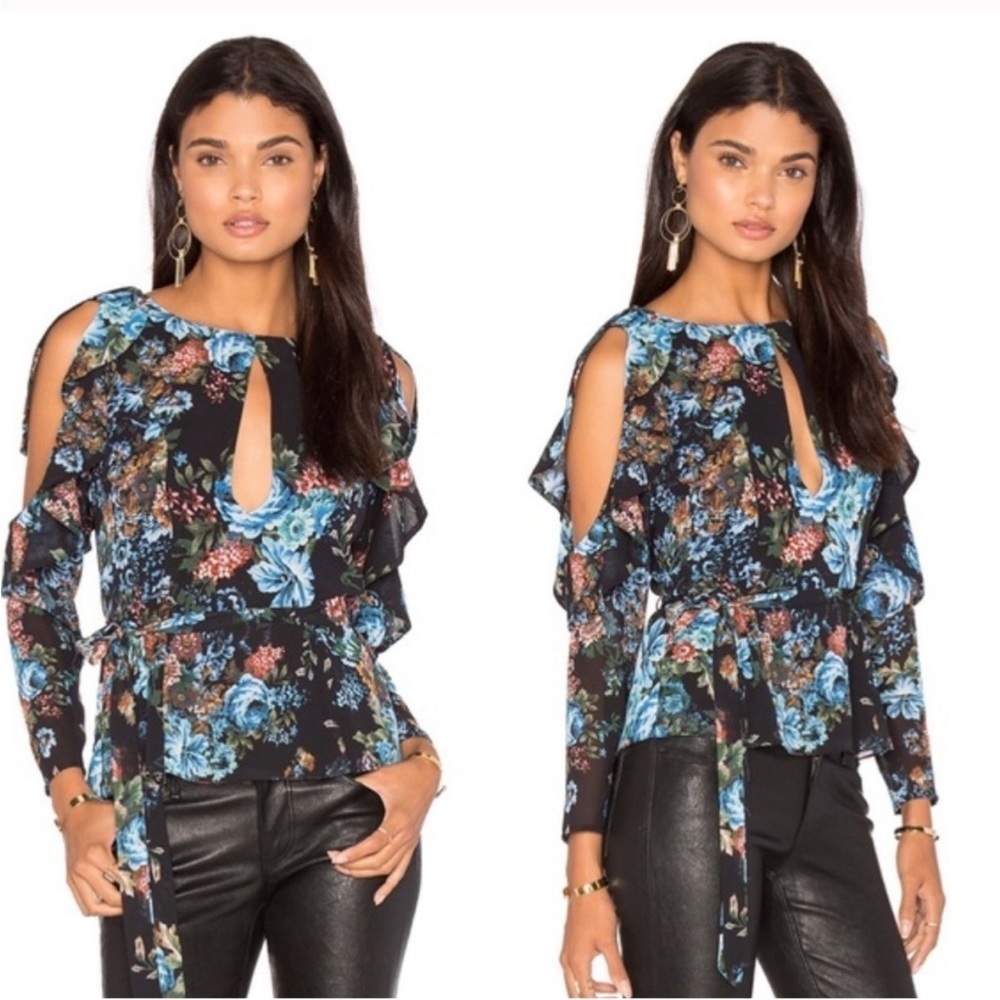LPA FLORAL ROMANTIC WHIMSY GOTH BLACK BLUE COLD SHOULDER RUFFLED LONG SLEEVE TOP